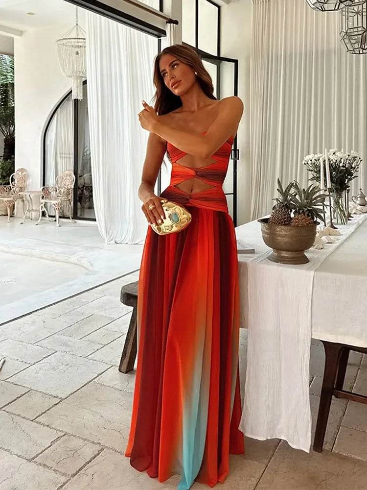 Blue Gradient Mesh Long Dress - Sleeveless Sheath Beach Party Style - Buy Center US