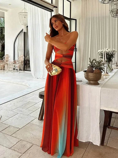 Blue Gradient Mesh Long Dress - Sleeveless Sheath Beach Party Style - Buy Center US