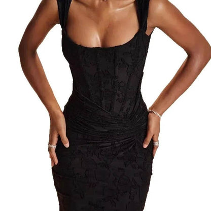 Autumn Square Collar Fish Tail Tank Dress - Jacquard Pleated Style - Buy Center US
