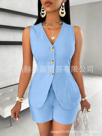 Women's Elegant Commuter Shorts Set - V-Neck Sleeveless Top & Shorts - Buy Center US