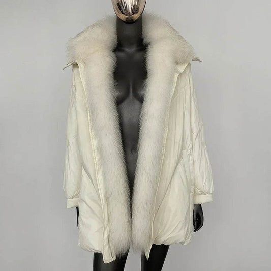 Women's White Goose Down Jacket - Real Fox Fur Puffer Coat - Buy Center US