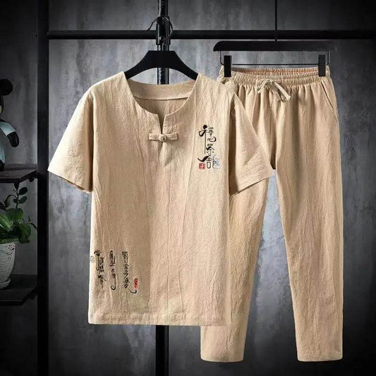 2024 Chinese Style Men's Casual Cotton-Linen Shirt & Trousers Set - Buy Center US