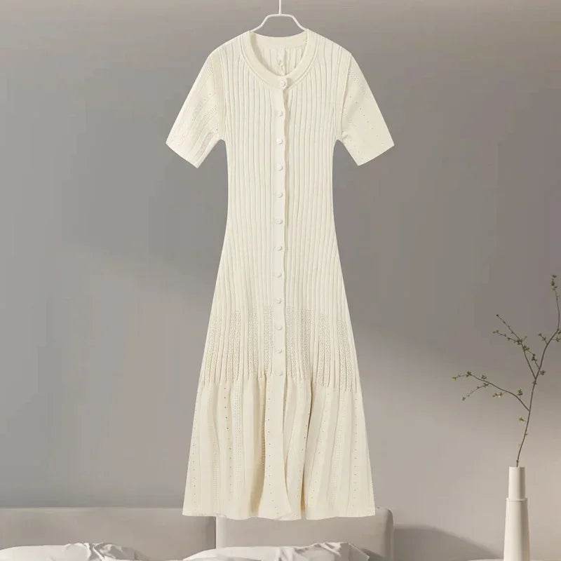 Elegant Knit Dress for Women - Ankle-Length Short Sleeve O-Neck - Buy Center US