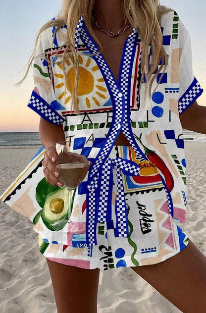 Women's Summer Print 2-Piece Beach Set - Casual Short Sleeve Top - Buy Center US