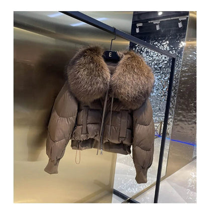 Women's Winter Down Jacket - Cropped Style with Fox Fur Collar - Buy Center US