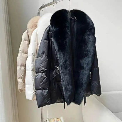 Women's Super Large Fox Collar Down Jacket - Winter 2024 Solid Black - Buy Center US