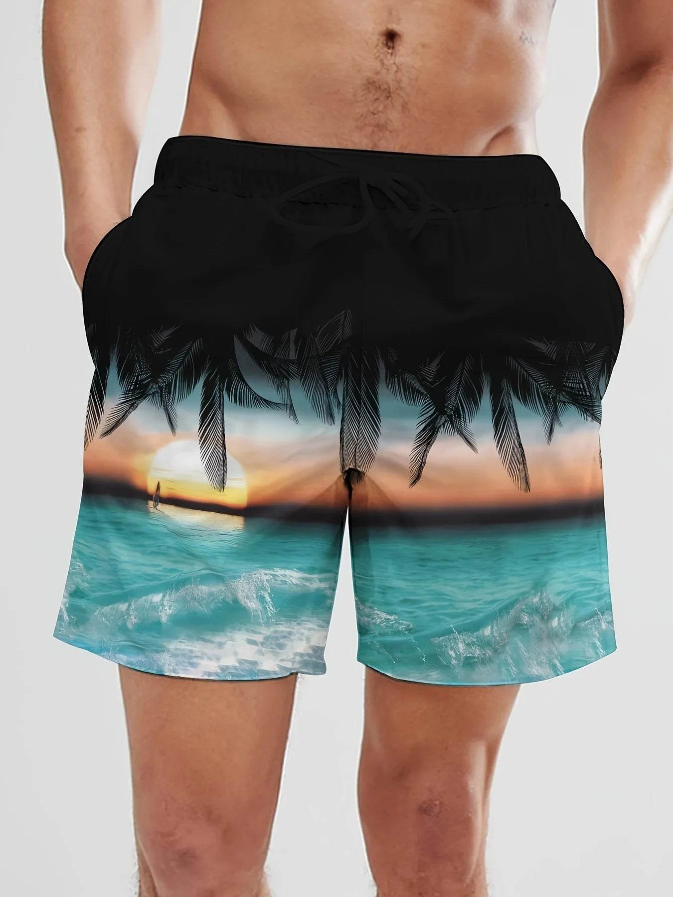 Men's Hawaiian Swim Trunks - 3D Gradient Palm Tree Print, Quick Dry - Buy Center US