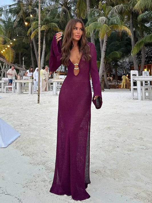 Chic V-Neck Crochet Dress for Women - Sexy Metal Ring Splicing - Buy Center US