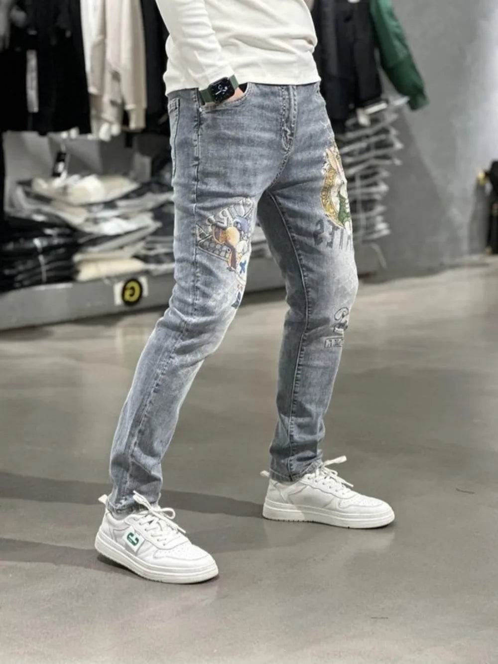 Men's Slim Fit Light Blue Denim Jeans - Luxury Rabbit Print Design - Buy Center US