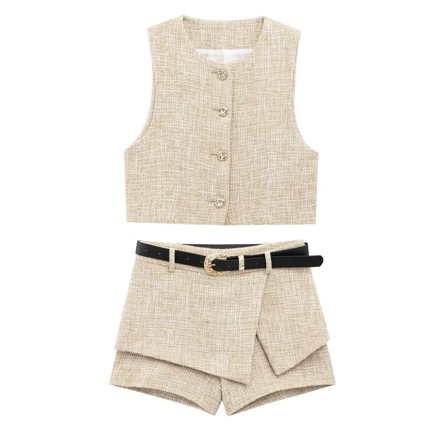 ZBZA Women's Textured Check Vest & Shorts Set - Chic Summer Look - Buy Center US
