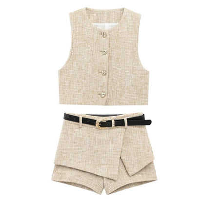 ZBZA Women's Textured Check Vest & Shorts Set - Chic Summer Look - Buy Center US