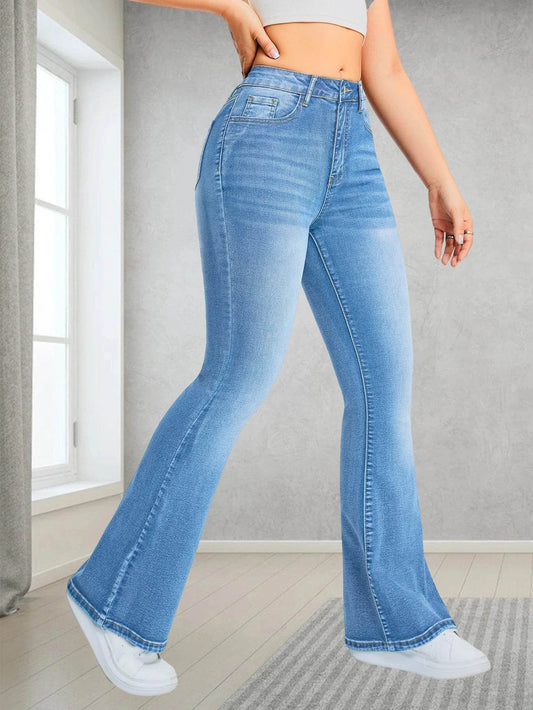 Ladies' High Waisted Flared Jeans - Casual Elastic Denim Style - Buy Center US