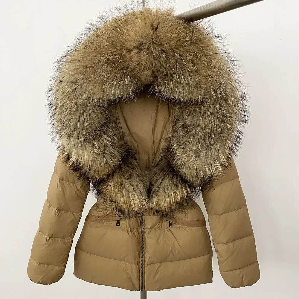 Women's Hooded White Duck Down Coat - Real Raccoon Fur Collar - Buy Center US