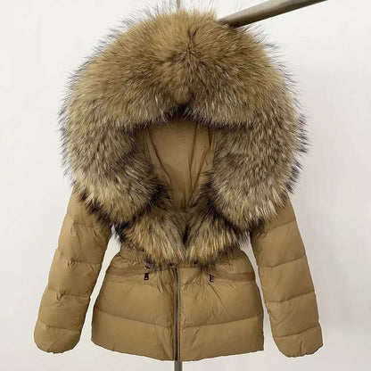 Women's Hooded White Duck Down Coat - Real Raccoon Fur Collar - Buy Center US