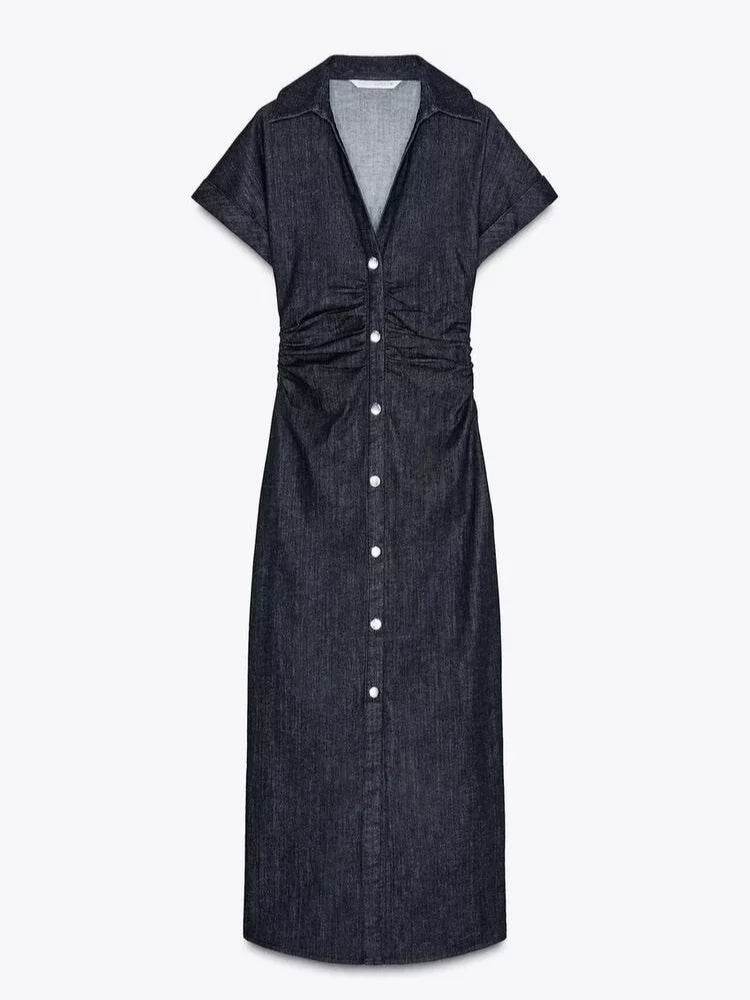 Beainmmry Elegant Denim Dress - Short Sleeve, Slim Fit for Women - Buy Center US