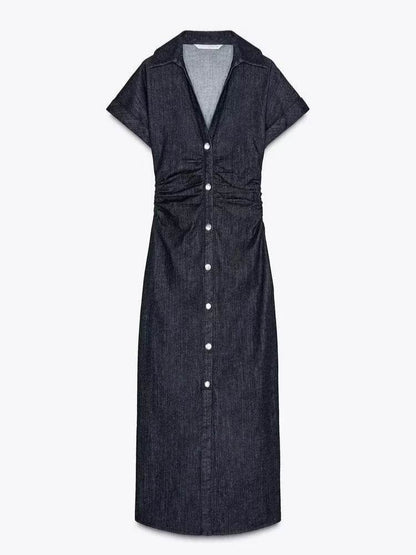 Beainmmry Elegant Denim Dress - Short Sleeve, Slim Fit for Women - Buy Center US