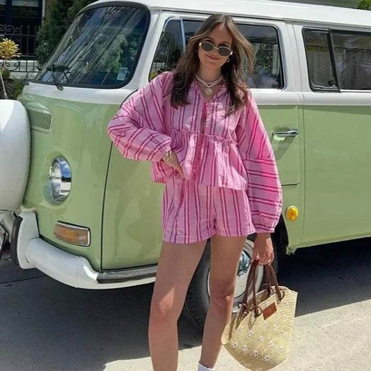 Chic Striped Lantern Sleeve Casual Top & Shorts Set for Women - Buy Center US