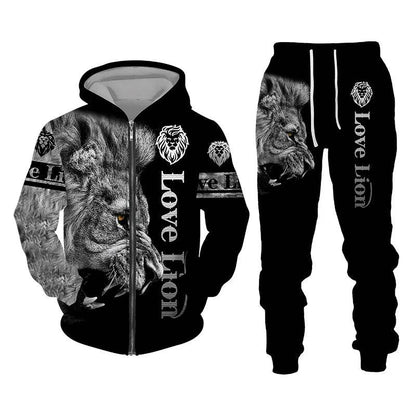 Men's 3D Lion Print Tracksuit - Casual Zipper Hoodie & Pants Set - Buy Center US