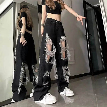 PTKPCC High Waist Distressed Jeans - Y2K Loose Fit for Women - Buy Center US