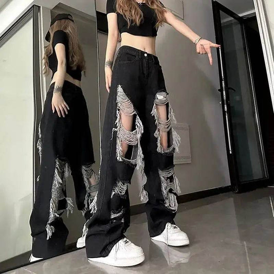PTKPCC High Waist Distressed Jeans - Y2K Loose Fit for Women - Buy Center US