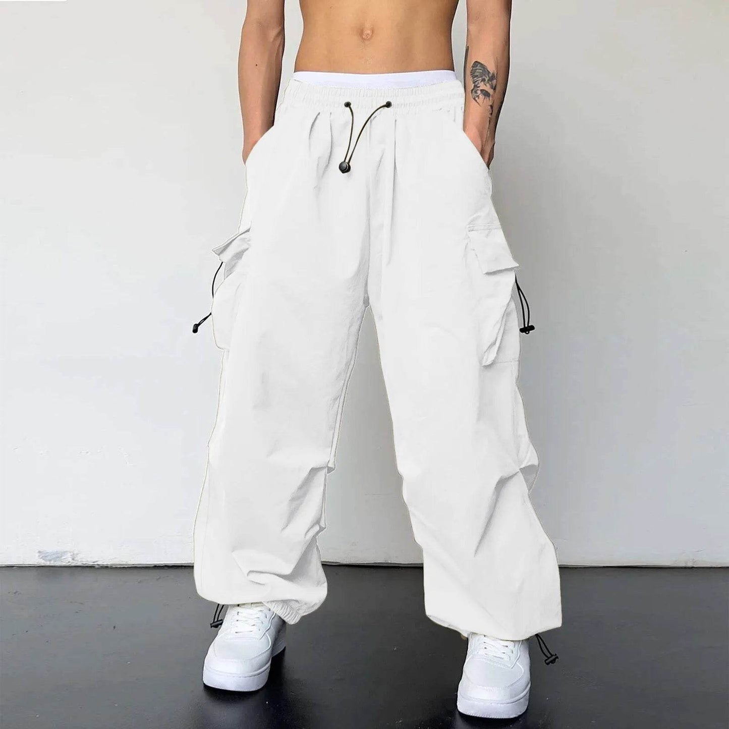 Men's Casual Mid Waist Cargo Pants - Solid Color with Woven Pockets - Buy Center US