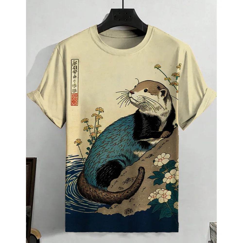 Ukiyo-e Sea Wave Cat T-Shirt - 3D Print Japanese Samurai Graphic Tee - Buy Center US