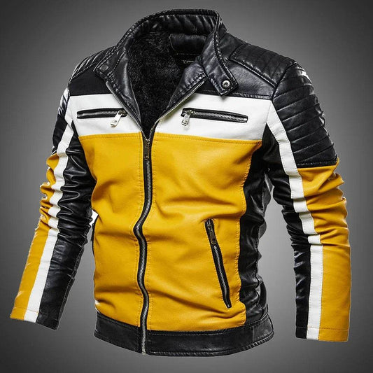 Men’s Yellow PU Leather Biker Jacket - Slim Fit Casual Zipper Coat - Buy Center US