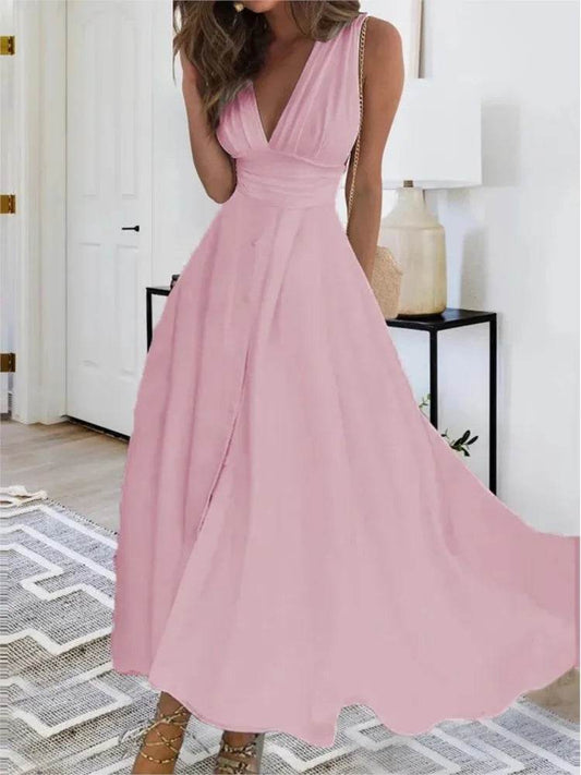 Elegant White Boho Maxi Dress for Women - Deep V Neck, Sleeveless - Buy Center US