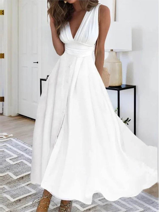 Elegant White Boho Maxi Dress for Women - Deep V Neck, Sleeveless - Buy Center US