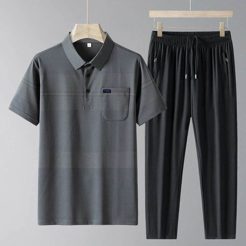 Simplicity Summer Ice Silk Pants & Polo Set - Casual Men's Drawstring - Buy Center US