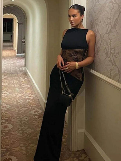 Elegant Black Sleeveless Lace Evening Dress - Backless Party Style - Buy Center US