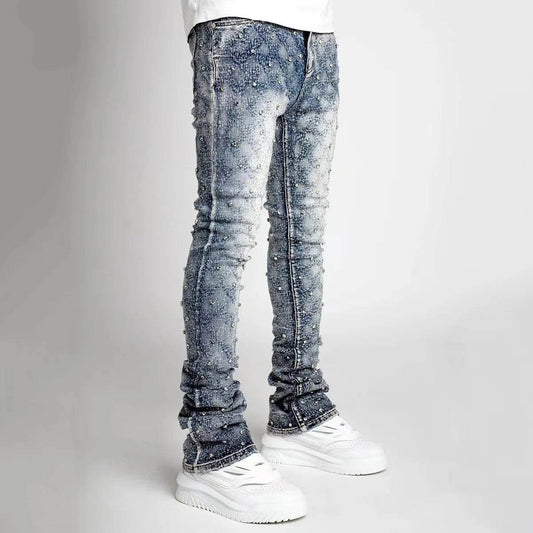 Blue Stretchy Pearls Skinny Jeans for Men - Rhinestone Denim Fashion 2024 - Buy Center US