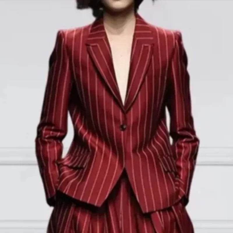 Beautyblue Women's Vintage Blazer Set - Striped Loose Wide Leg Trousers - Buy Center US