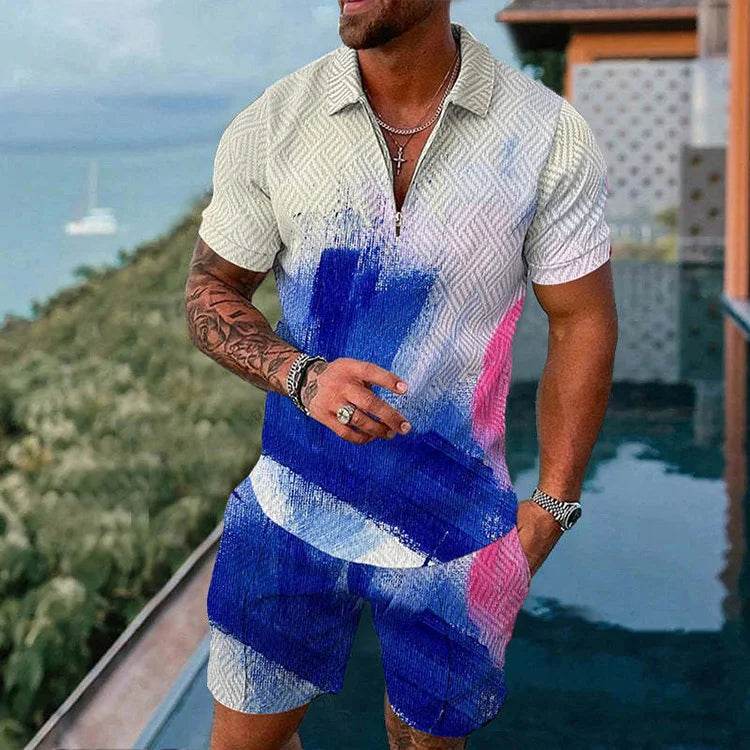 Men's Summer Colorful Tracksuit Set - Casual Zipper Polo Shirt & Shorts - Buy Center US