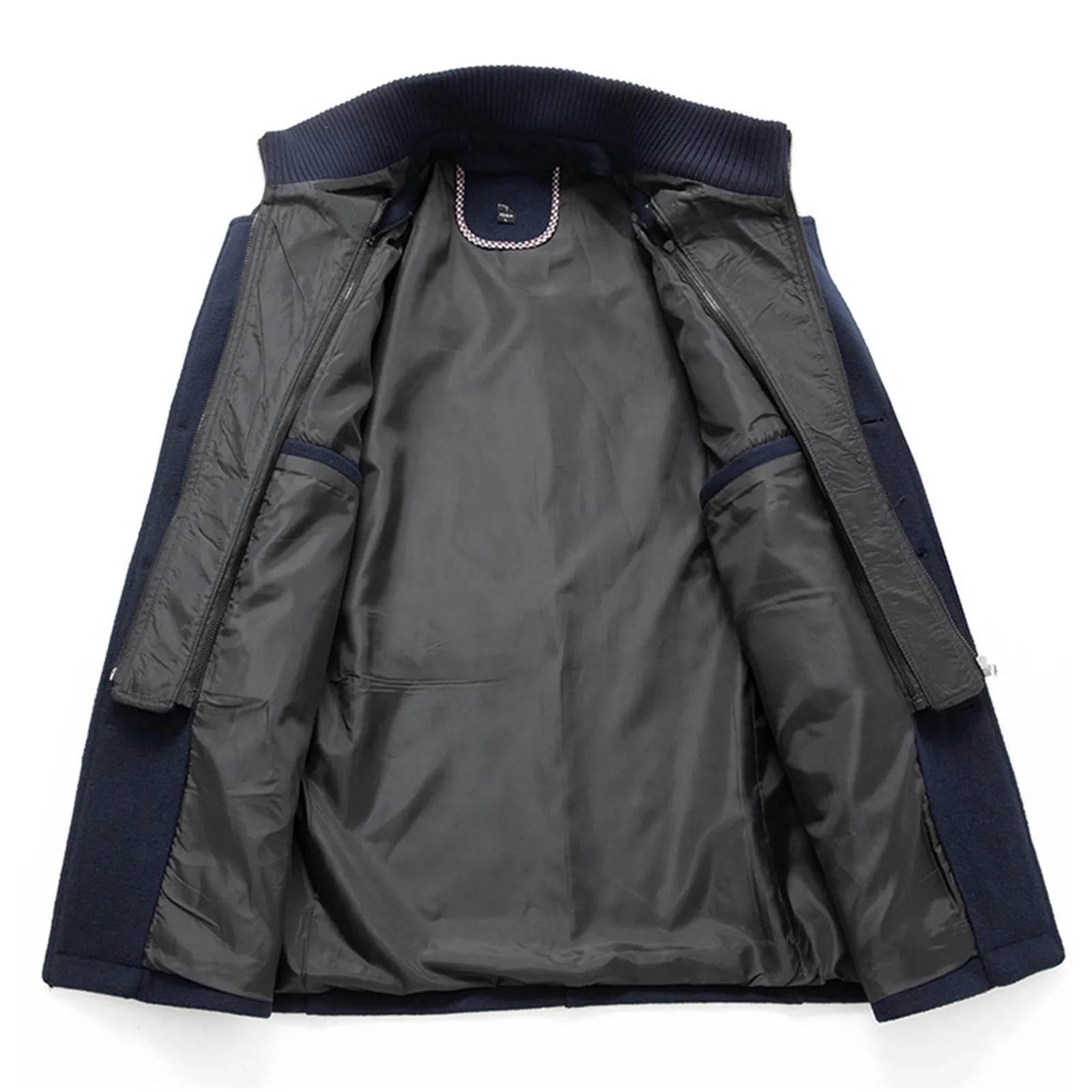 Men's Black Woolen Trench Coat - Casual High Collar Zipper Jacket - Buy Center US