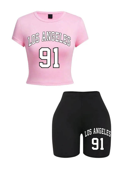 Teekossc Women's Slim Crop T-Shirt & Shorts Set - NYC Art Print - Buy Center US