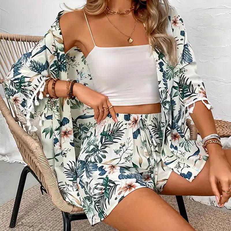 Y.KUKU Women's Floral Cardigan & Beach Shorts Summer Two-Piece Set - Buy Center US