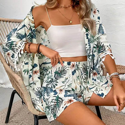 Y.KUKU Women's Floral Cardigan & Beach Shorts Summer Two-Piece Set - Buy Center US