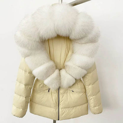 Women's Hooded White Duck Down Coat - Real Raccoon Fur Collar - Buy Center US