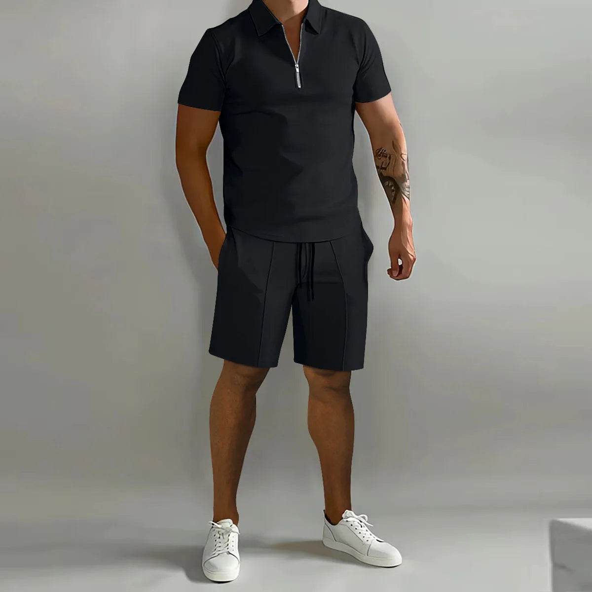 Men's Casual Solid Color Polo Shirt & Vertical Stripe Pants Set - Buy Center US
