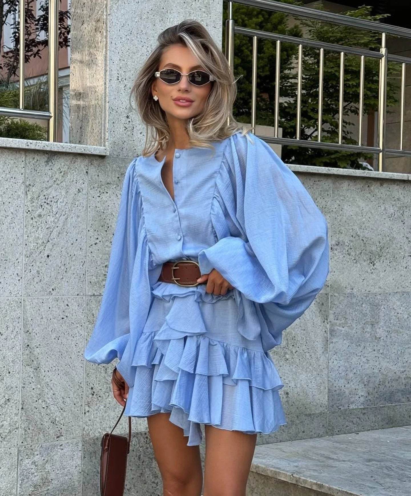Chic Women's Ruffles Short Dress - Elegant Round Neck, Mini Style - Buy Center US