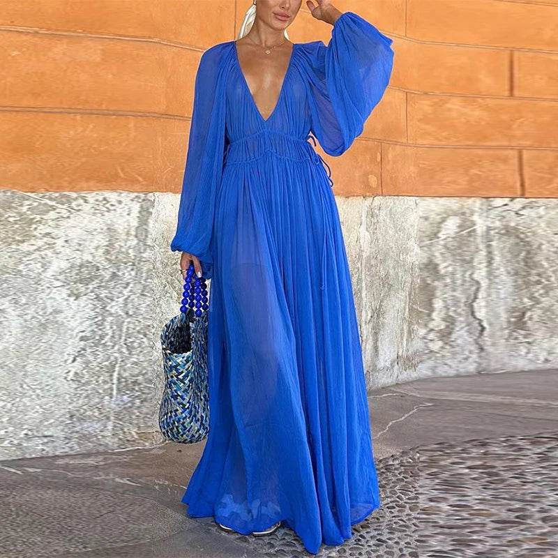 Elegant Pleated O-Neck Long Dress - Women's Summer Beach Chic - Buy Center US