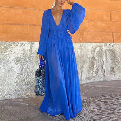 Elegant Pleated O-Neck Long Dress - Women's Summer Beach Chic - Buy Center US