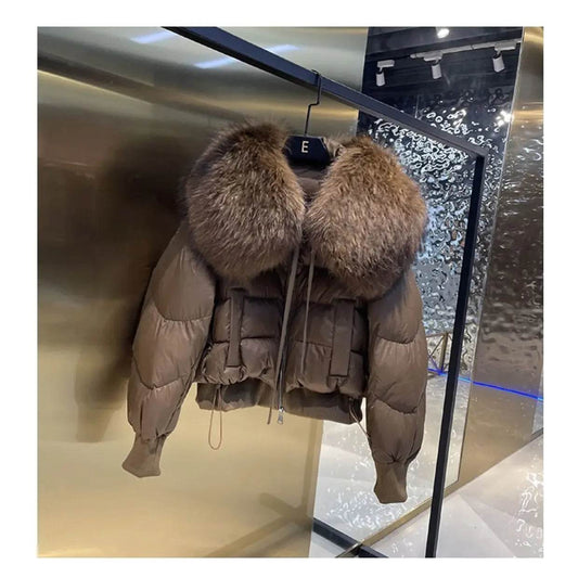Women's Winter Down Jacket - Cropped Style with Fox Fur Collar - Buy Center US