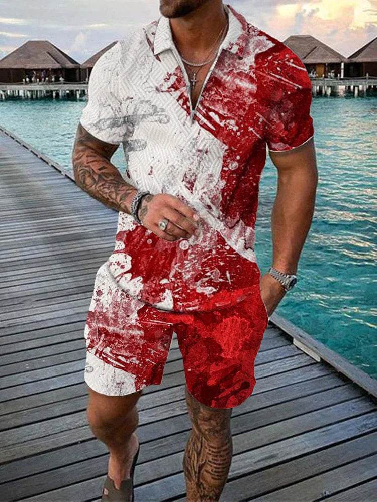 Men's Summer Colorful Tracksuit Set - Casual Zipper Polo Shirt & Shorts - Buy Center US