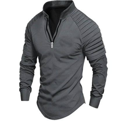 Men's Long Sleeve Polo Shirt - Casual Solid Color with Zipper Collar - Buy Center US
