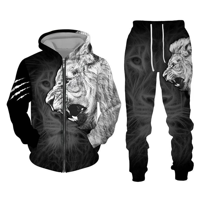 Men's 3D Lion Print Tracksuit - Casual Zipper Hoodie & Pants Set - Buy Center US