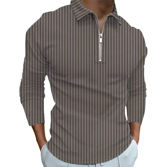 Casual Stripe Polo Shirt for Men - Long Sleeve Zipper Top in Autumn - Buy Center US