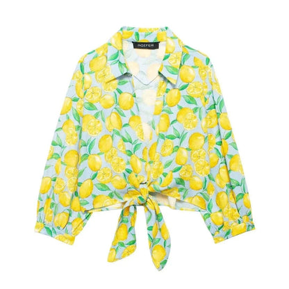 TRAFZA Lemon Print Summer Shorts Set - Casual Lace-up Blouse & Shorts - Buy Center US