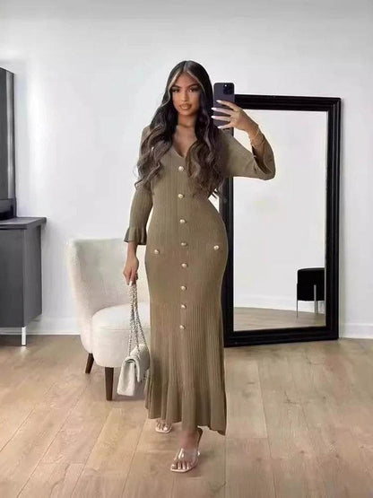 Elegant Office Lady Knitted Dress - Short Sleeve V-Neck Style - Buy Center US